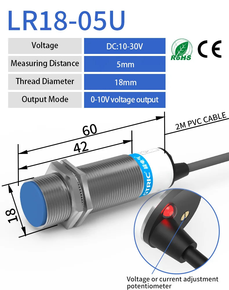 LR18 M18 Inductive Proximity Sensor ,DC10-30v measuring distance 5mm sensor,thread diameter 18mm 0-10v voltage output sensor