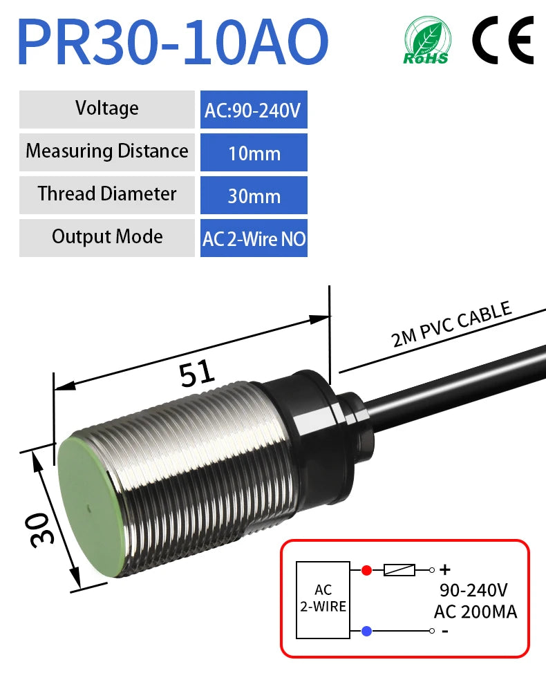 PR30 M30 Inductive Proximity Sensor ,AC90-240v measuring distance 10mm sensor,thread diameter 30mm AC 2-WIRE NO sensor