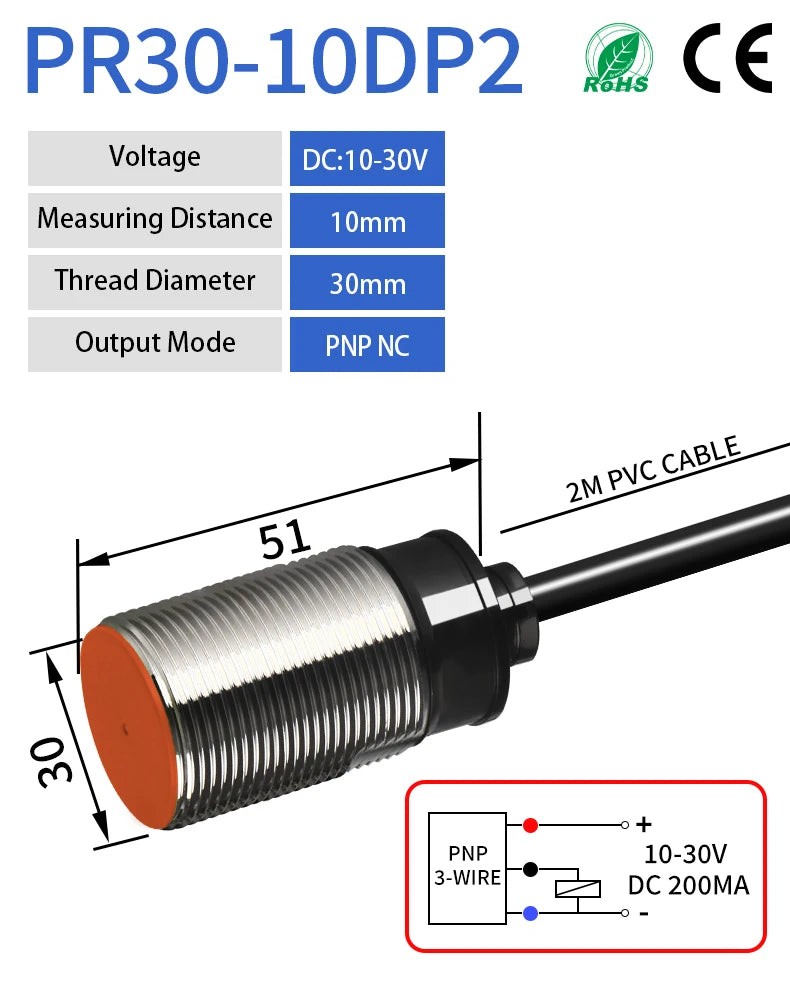 PR30 M30 Inductive Proximity Sensor ,DC10-30v measuring distance 10mm sensor,thread diameter 30mm DC 3-WIRE PNP NC sensor
