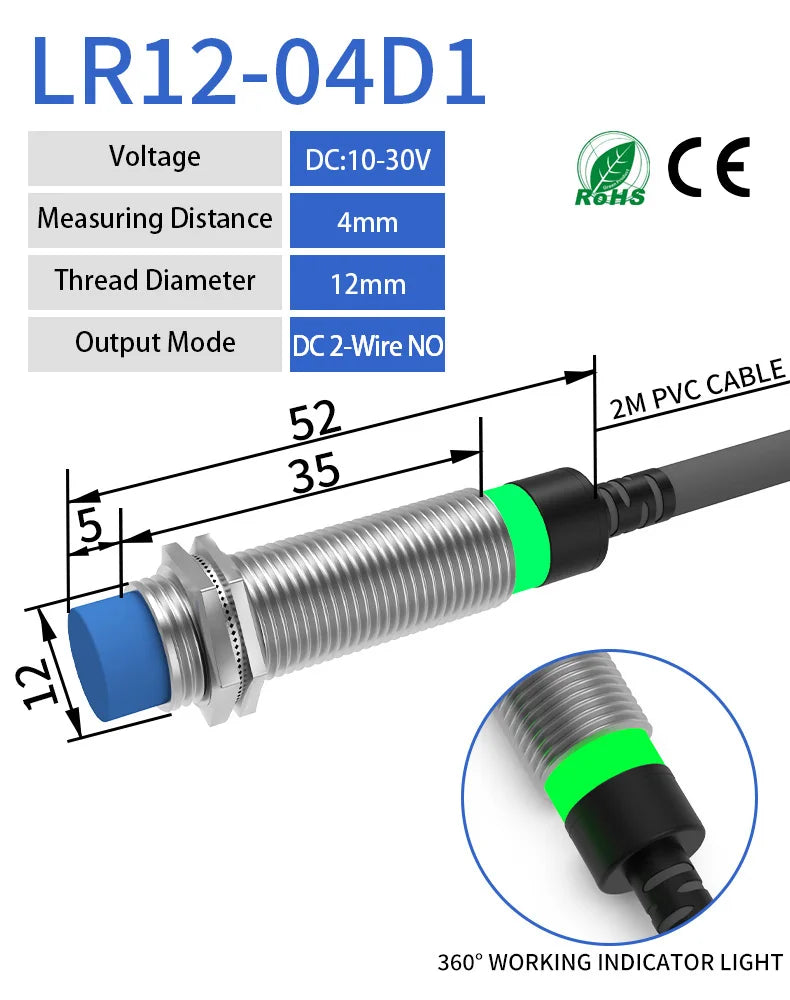 LR12 M12 Inductive Proximity Sensor ,DC10-30v measuring distance 4mm sensor,thread diameter 12mm DC 2-WIRE NO sensor