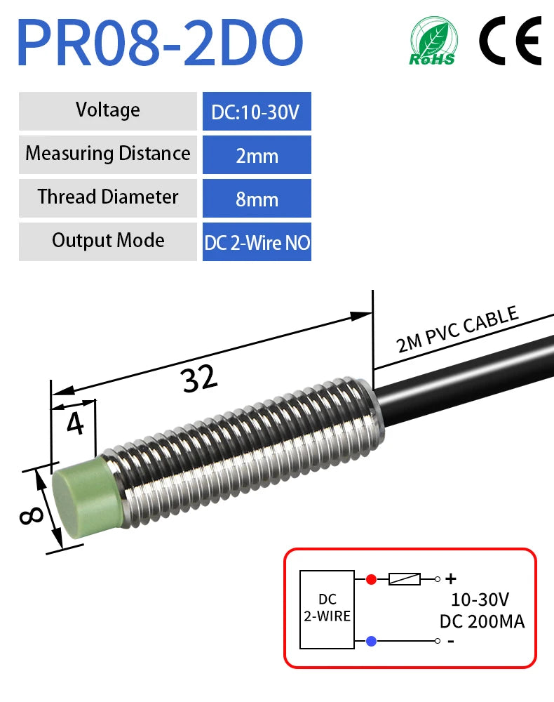 PR108 M8 Inductive Proximity Sensor ,DC10-30v measuring distance 1.5mm sensor,thread diameter 8mm 2-WIRE NO sensor