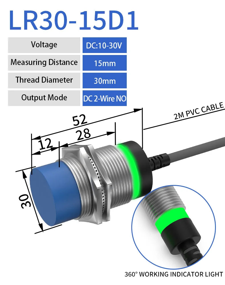 LR30 M30 Inductive Proximity Sensor ,DC10-30v measuring distance 15mm sensor,thread diameter 30mm DC 2-WIRE NO sensor