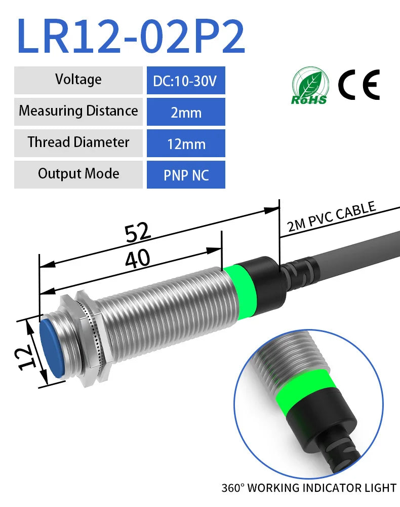 LR12 M12 Inductive Proximity Sensor ,DC10-30v measuring distance 2mm sensor,thread diameter 12mm DC 3-WIRE PNP NC sensor