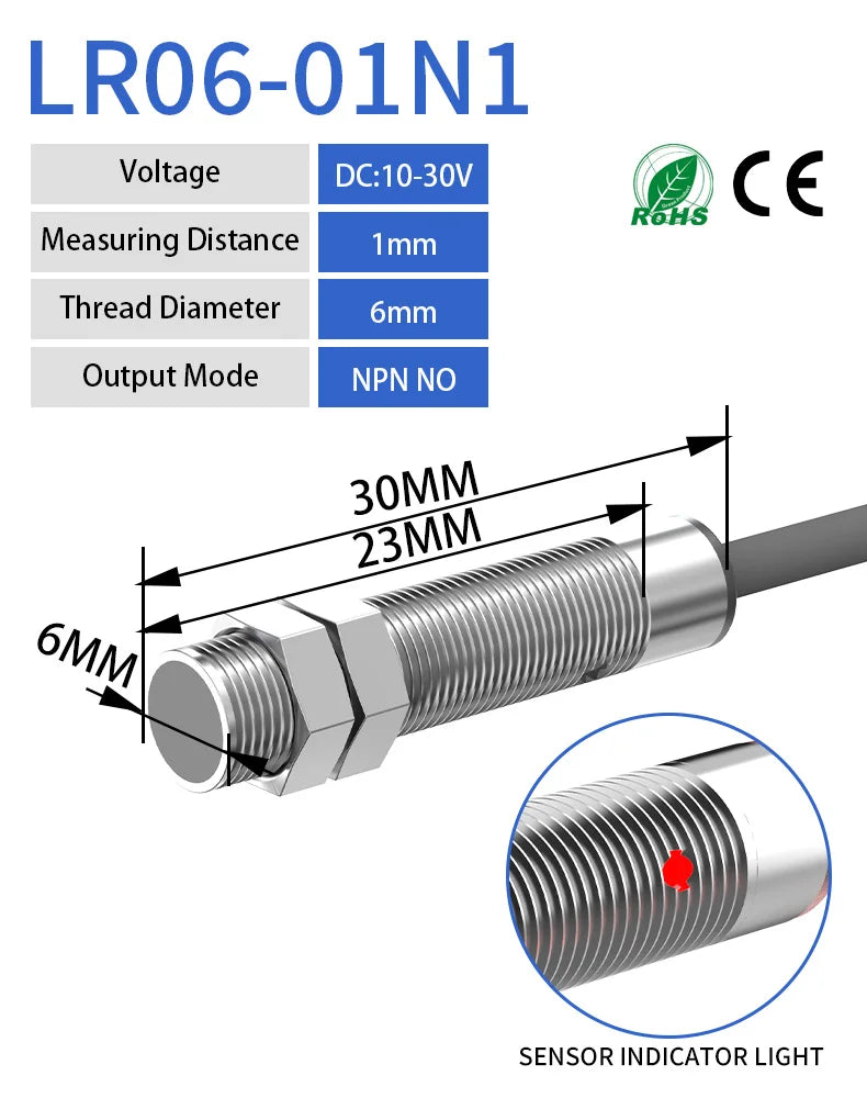 LR06 series miniature inductive proximity sensors with sensing distance  1mm indicator, dc10-30v thread diameter 6mm sensor, sensor output mode DC 3-WIRE NPN NO