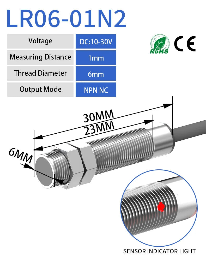 LR06 series miniature inductive proximity sensors with sensing distance  1mm indicator, dc10-30v thread diameter 6mm sensor, sensor output mode DC 3-WIRE NPN NC