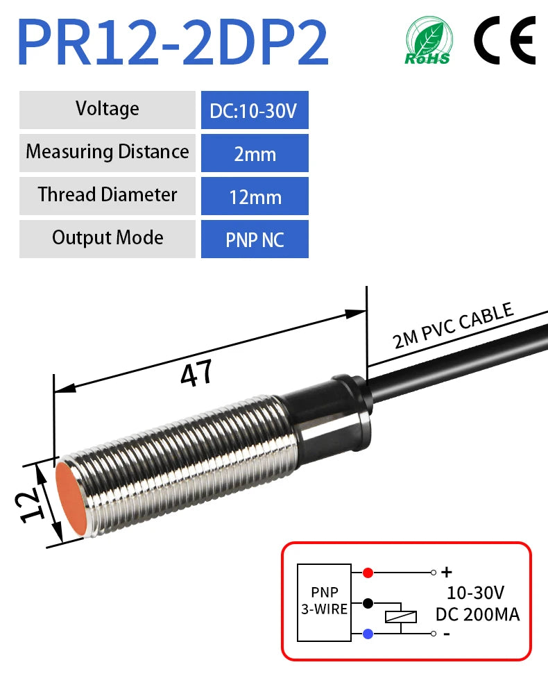 PR12-2DP2 Flush-Mount (Embedded) Inductive Proximity Sensor, M12 DC 10-30V PNP NC Metal Proximity Switch