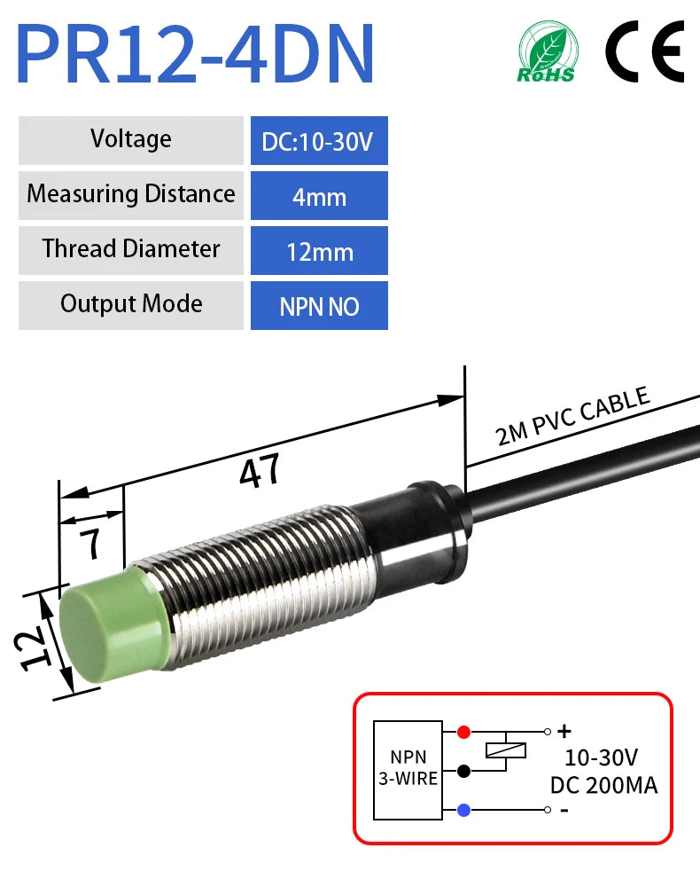 PR12 Inductive Proximity Sensor ,DC10-30v measuring distance 4mm sensor,thread diameter 12mm sensor,pnp no sensor