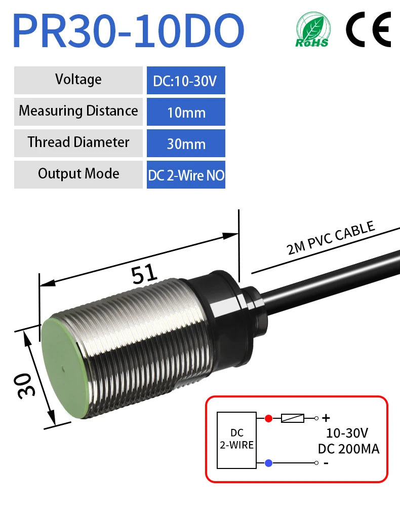 PR30 M30 Inductive Proximity Sensor ,DC10-30v measuring distance 10mm sensor,thread diameter 30mm DC 2-WIRE NO sensor