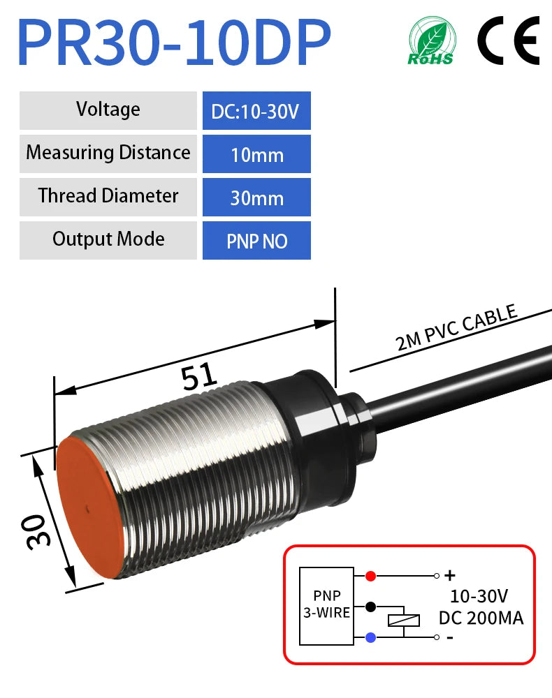 PR30 M30 Inductive Proximity Sensor ,DC10-30v measuring distance 10mm sensor,thread diameter 30mm DC 3-WIRE PNP NO sensor