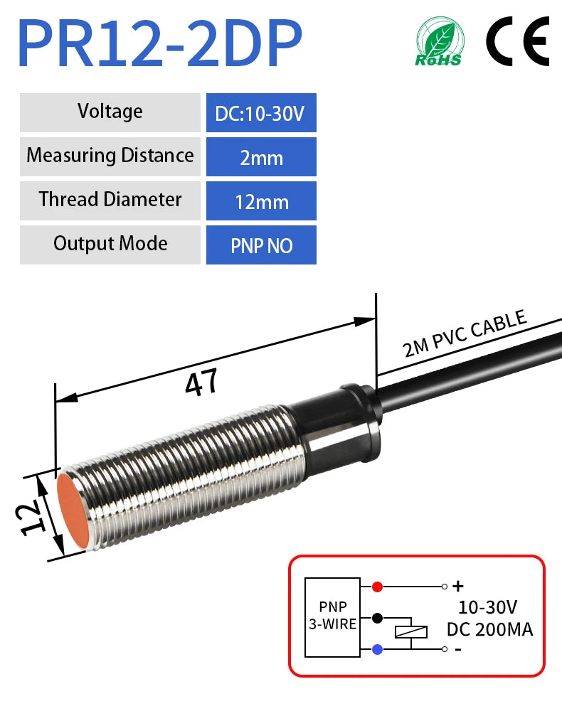 PR12-2DP Flush-Mount (Embedded) Inductive Proximity Sensor, M12 DC 10-30V PNP NO Metal Proximity Switch