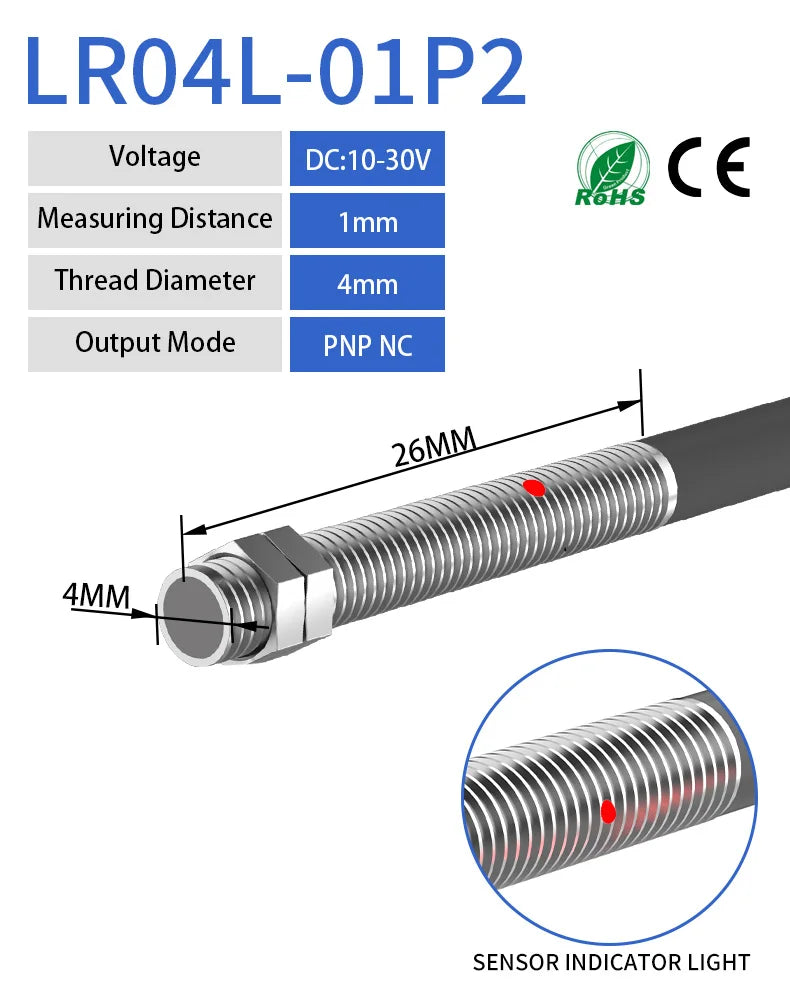 LR04L Inductive Proximity Sensor ,DC10-30v measuring distance 1mm sensor,thread diameter 4mm PNP NC sensor
