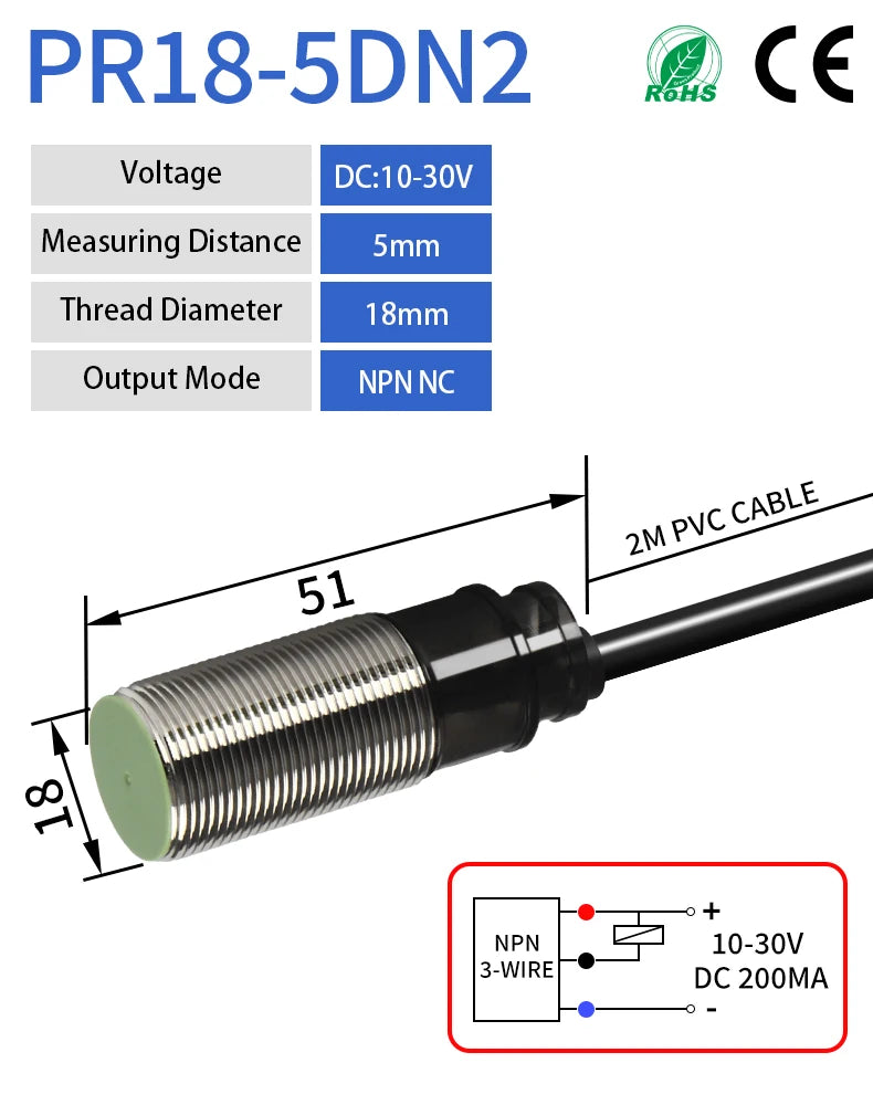 PR18 M18 Inductive Proximity Sensor ,DC10-30v measuring distance 5mm sensor,thread diameter 18mm sensor,NPN NC sensor