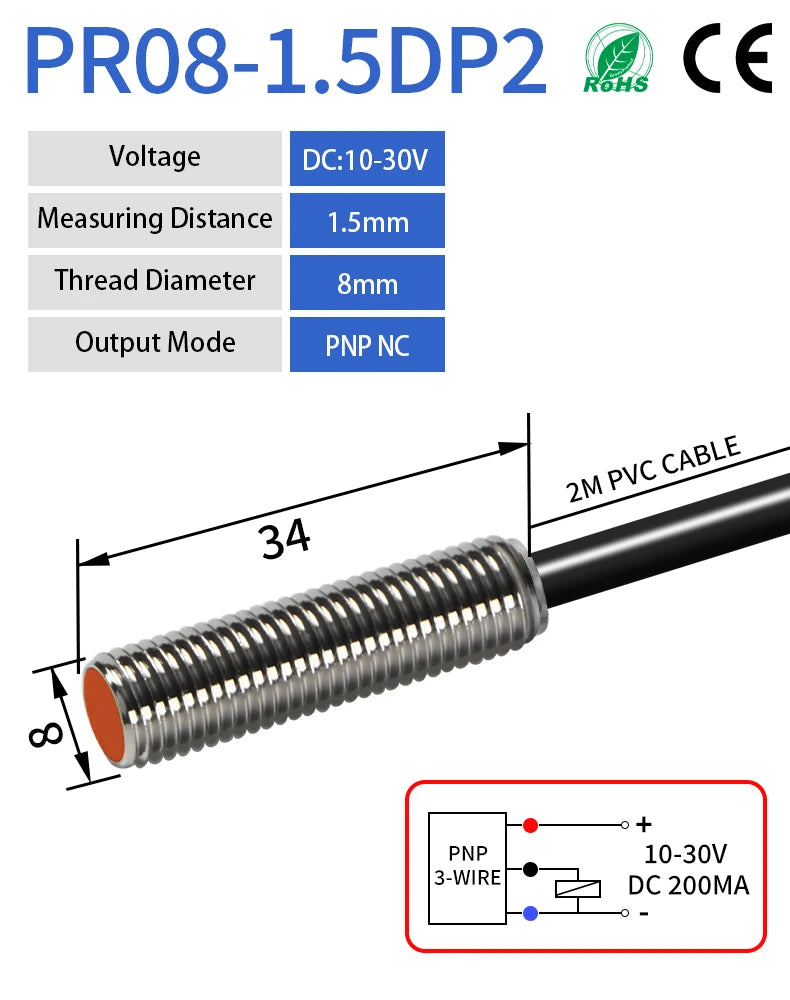 PR108 M8 Inductive Proximity Sensor ,DC10-30v measuring distance 1.5mm sensor,thread diameter 8mm 3-WIRE PNP NC sensor