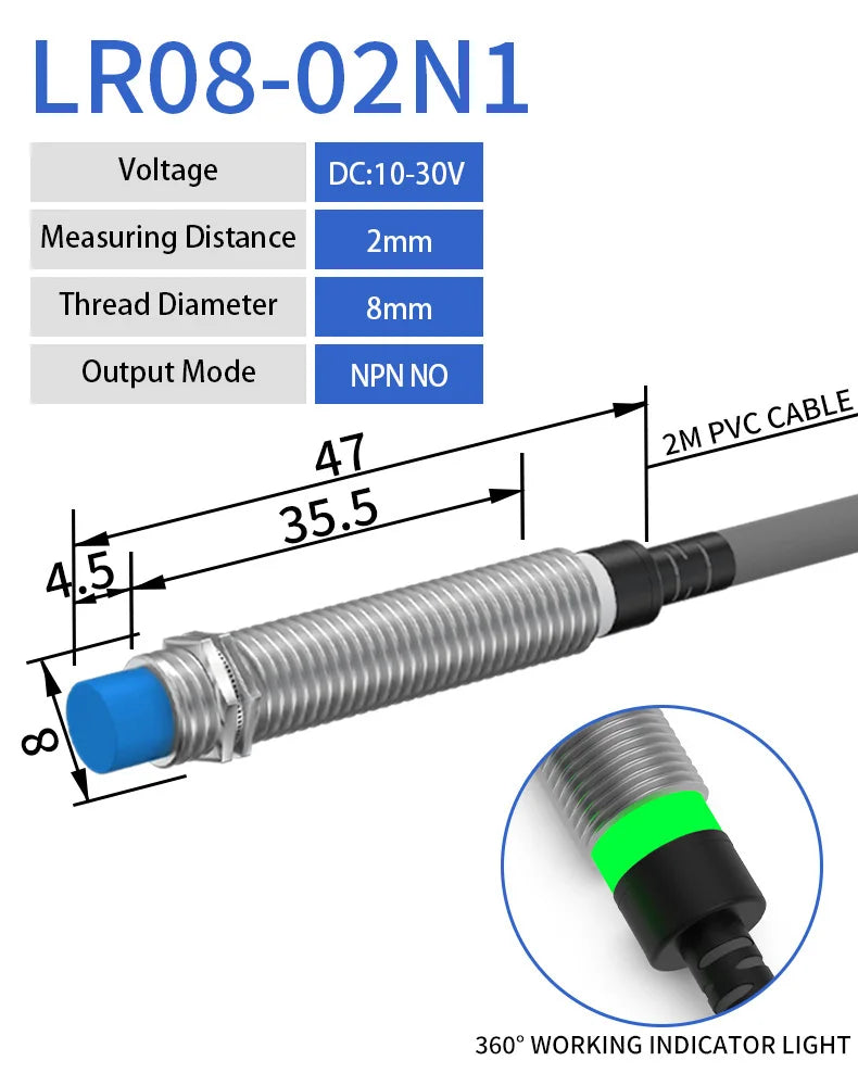 LR08 M8 Inductive Proximity Switch Sensor, Sensing Distance 2mm, DC 3-WIRE NPN NO sensor 