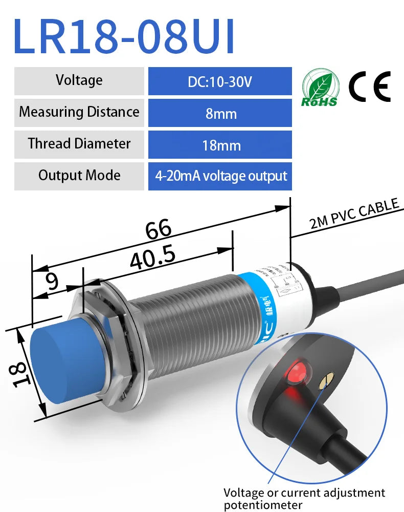 LR18 M18 Inductive Proximity Sensor ,DC10-30v measuring distance 8mm sensor,thread diameter 18mm 4-20MA current output sensor