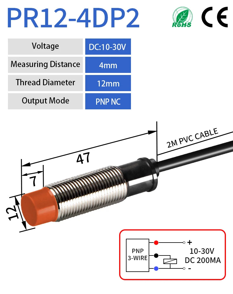 GTRIC PR12 Inductive Proximity Sensor ,DC10-30v measuring distance 4mm sensor,thread diameter 12mm sensor,pnp nc sensor