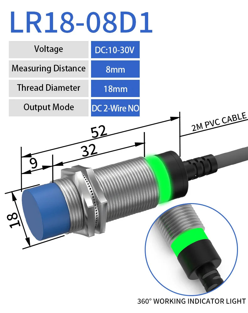 LR30 M30 Inductive Proximity Sensor ,DC10-30v measuring distance 8mm sensor,thread diameter 18mm DC 2-WIRE NO sensor