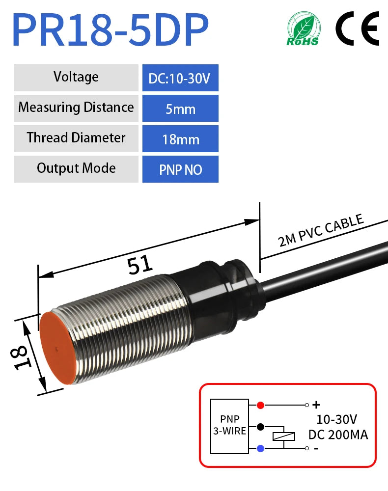 PR18 M18 Inductive Proximity Sensor ,DC10-30v measuring distance 5mm sensor,thread diameter 18mm sensor,PNP NO sensor