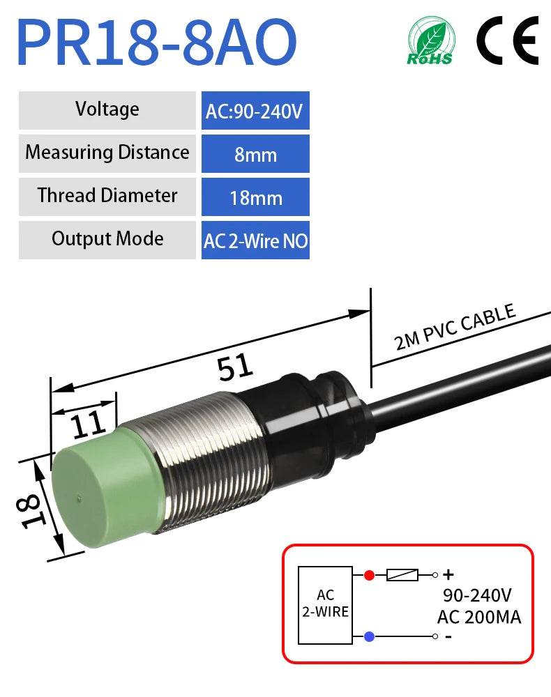 PR18 Inductive Proximity Sensor ,AC90-240v measuring distance 8mm sensor,thread diameter 18mm sensor,2-wire AC NO sensor