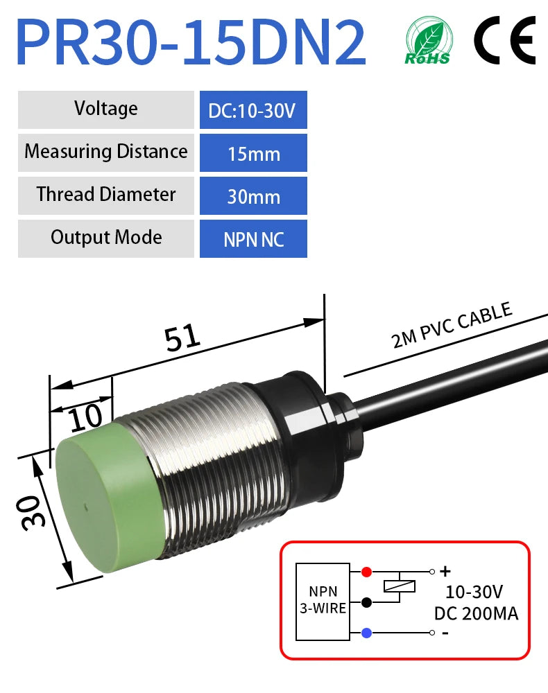 PR30 M30 Inductive Proximity Sensor ,DC10-30v measuring distance 15mm sensor,thread diameter 30mm DC 3-WIRE NPN NC sensor
