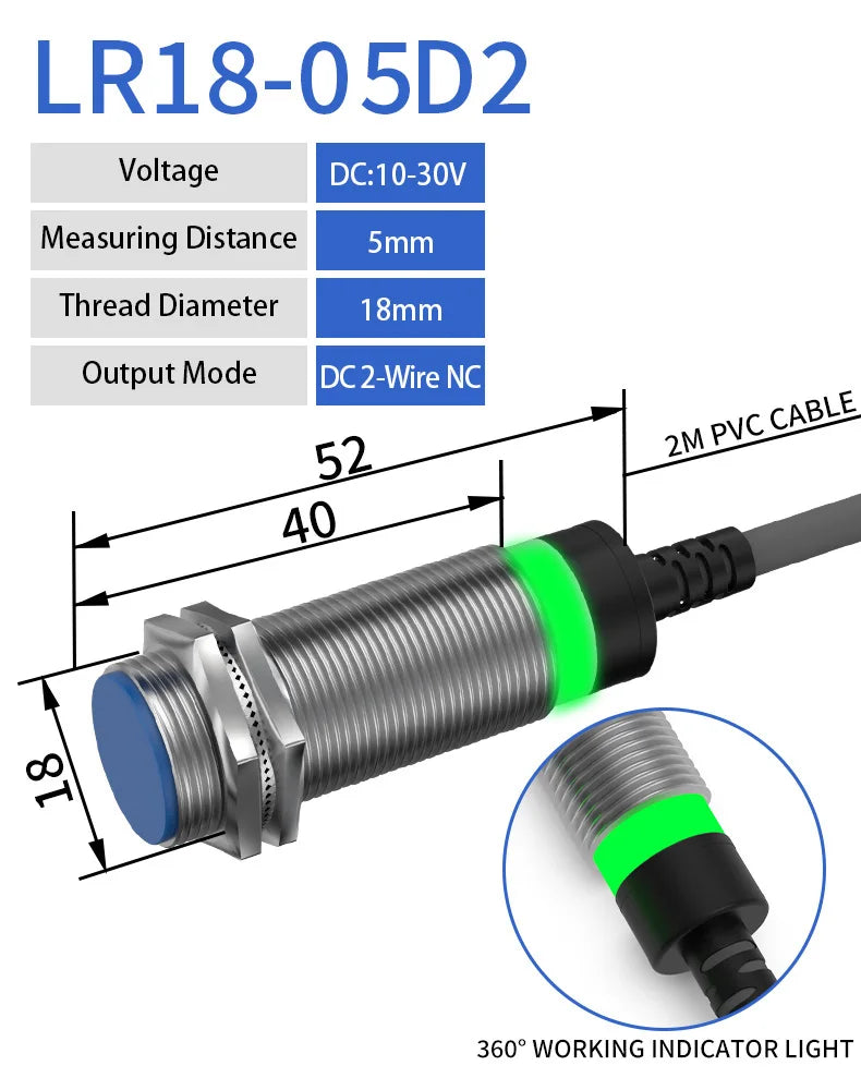LR18 M18 Inductive Proximity Sensor ,DC10-30v measuring distance 5mm sensor,thread diameter 16mm DC 2-WIRE NC sensor