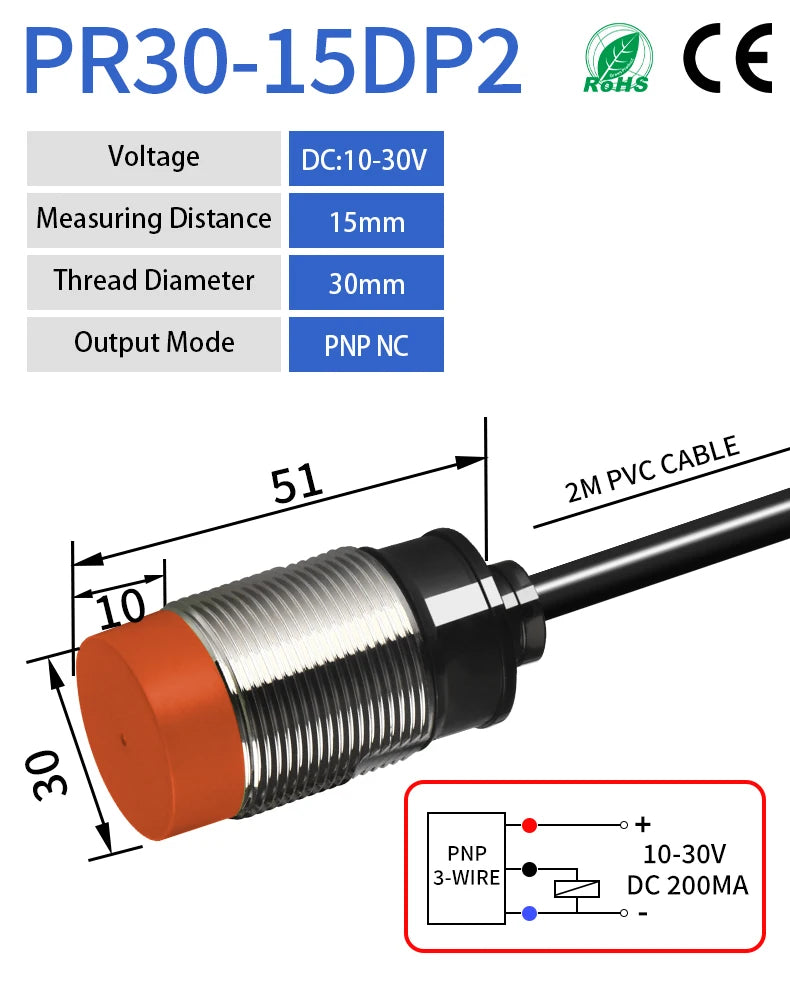 PR30 M30 Inductive Proximity Sensor ,DC10-30v measuring distance 15mm sensor,thread diameter 30mm DC 3-PNP NC sensor