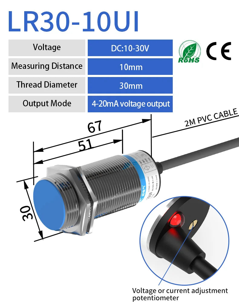 LR30 M30 Inductive Proximity Sensor ,DC10-30v measuring distance 10mm sensor,thread diameter 30mm 4-20ma current output sensor