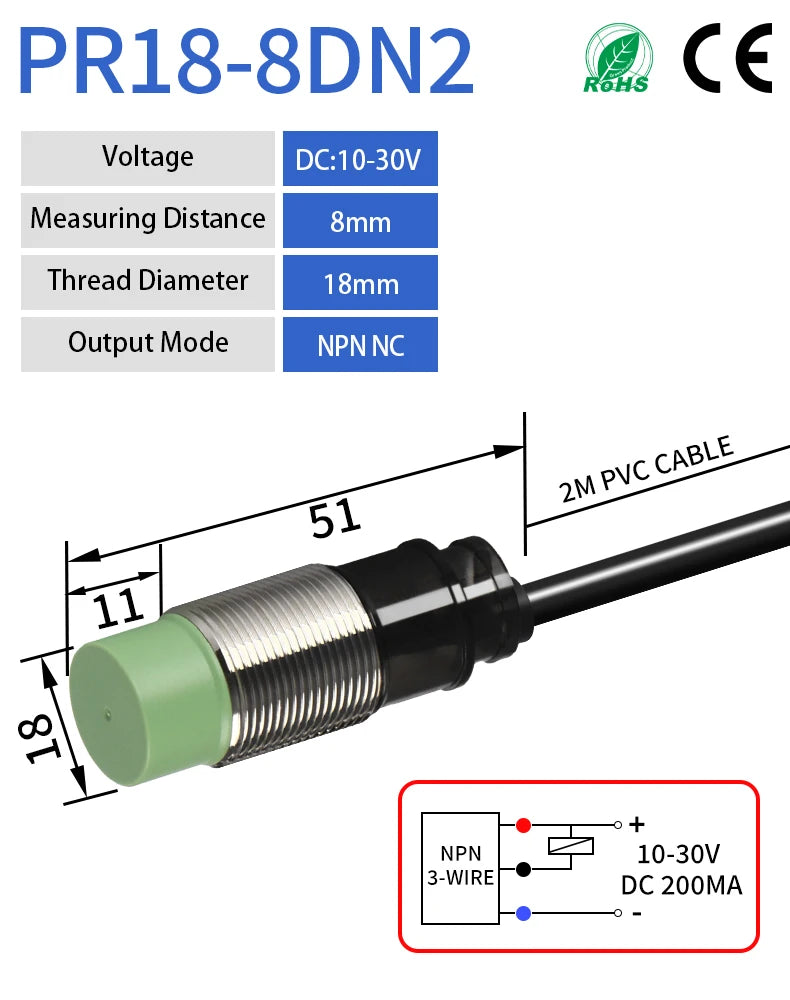 PR18 Inductive Proximity Sensor ,DC10-30v measuring distance 8mm sensor,thread diameter 18mm sensor,3-wire npn nc sensor