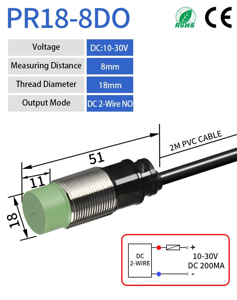 PR18 Inductive Proximity Sensor ,DC10-30v measuring distance 8mm sensor,thread diameter 18mm sensor,2-wire DC NO sensor