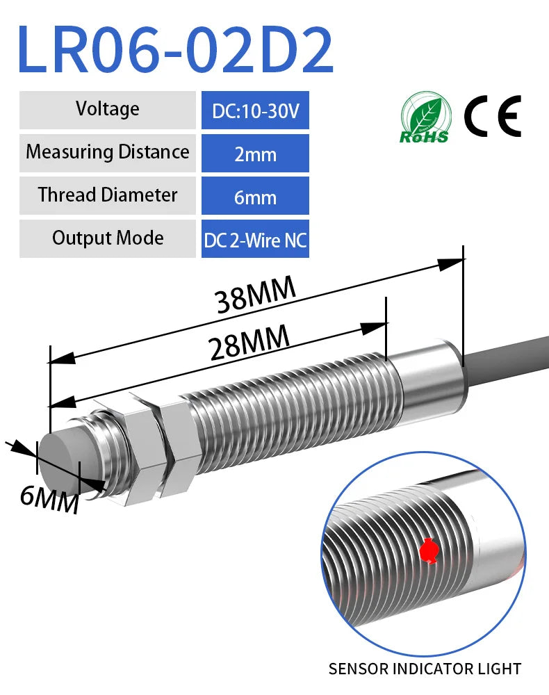 LR06 series miniature inductive proximity sensors with sensing distance  2mm indicator, dc10-30v thread diameter 6mm sensor, sensor output mode DC 2-WIRE NC
