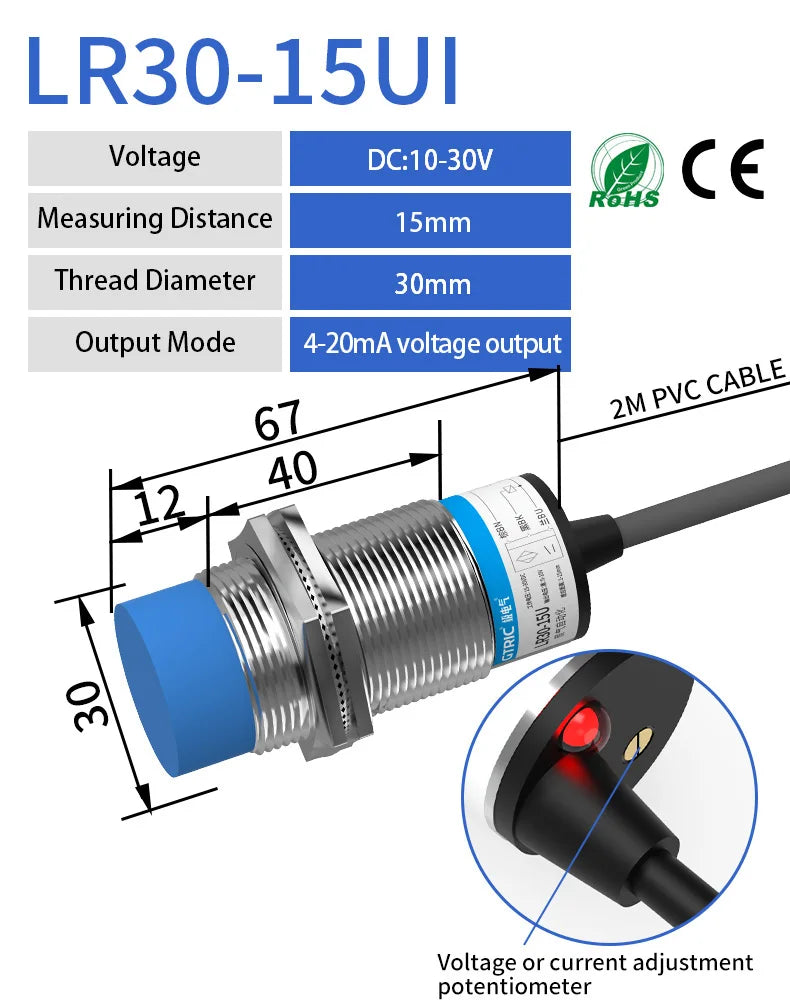 LR30 M30 Inductive Proximity Sensor ,DC10-30v measuring distance 15mm sensor,thread diameter 30mm 4-20ma current output sensor