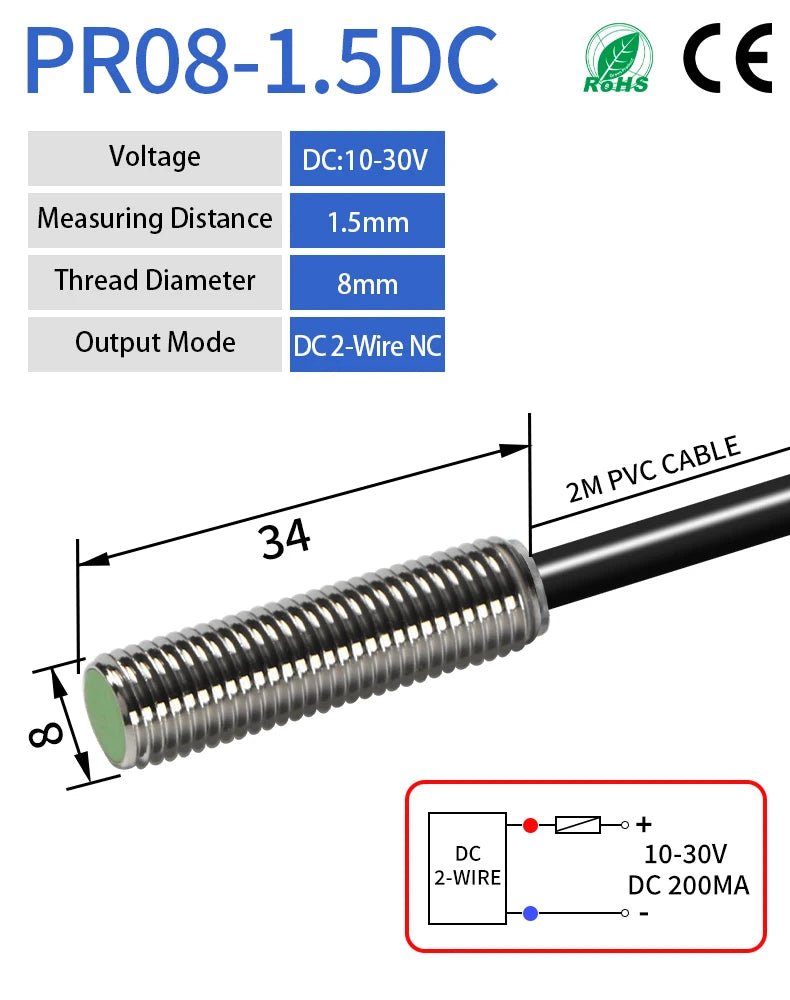 PR108 M8 Inductive Proximity Sensor ,DC10-30v measuring distance 1.5mm sensor,thread diameter 8mm DC 2-WIRE NC sensor
