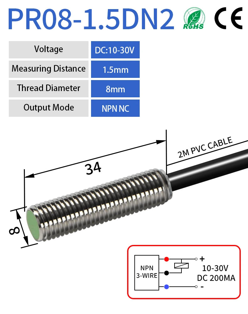PR108 M8 Inductive Proximity Sensor ,DC10-30v measuring distance 1.5mm sensor,thread diameter 8mm 3-WIRE NPN NC sensor