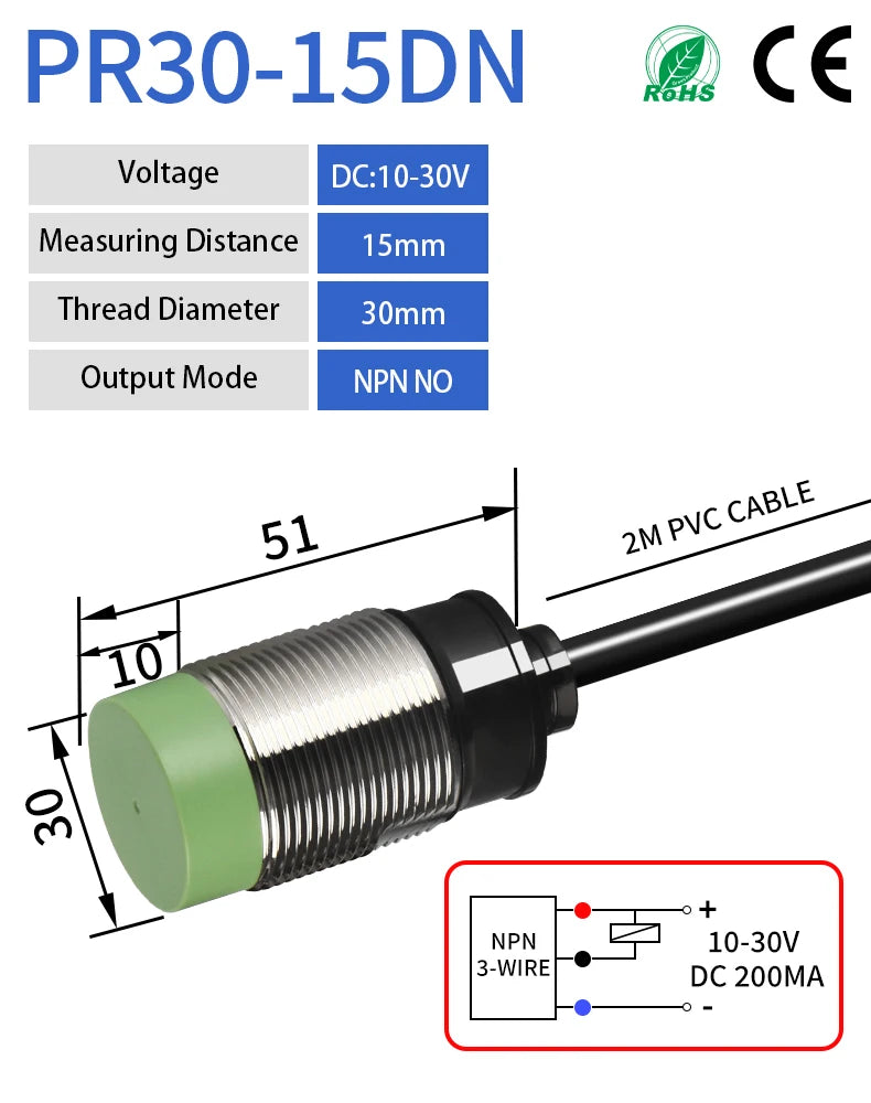 PR30 M30 Inductive Proximity Sensor ,DC10-30v measuring distance 15mm sensor,thread diameter 30mm DC3-WIRE NPN NO sensor
