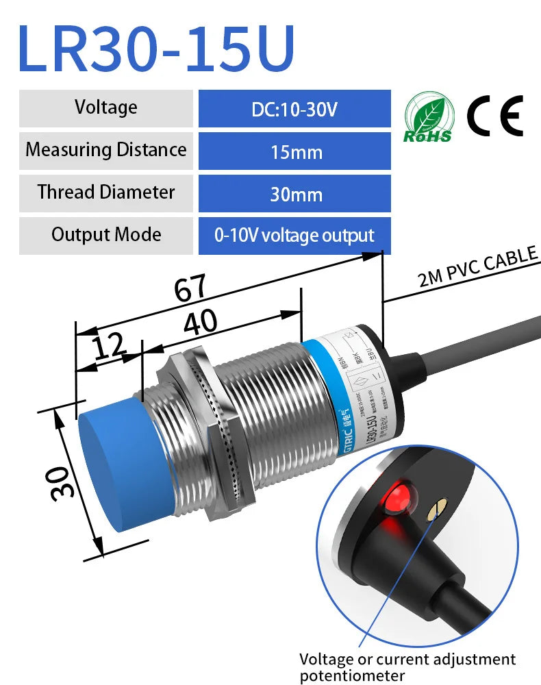 LR30 M30 Inductive Proximity Sensor ,DC10-30v measuring distance 15mm sensor,thread diameter 30mm 0-10v voltage output sensor