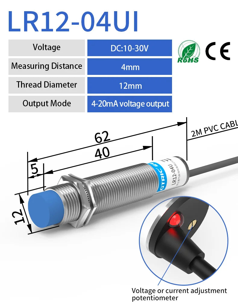 LR12 M12 Inductive Proximity Sensor ,DC10-30v measuring distance 4mm sensor,thread diameter 12mm 4-20ma current output sensor