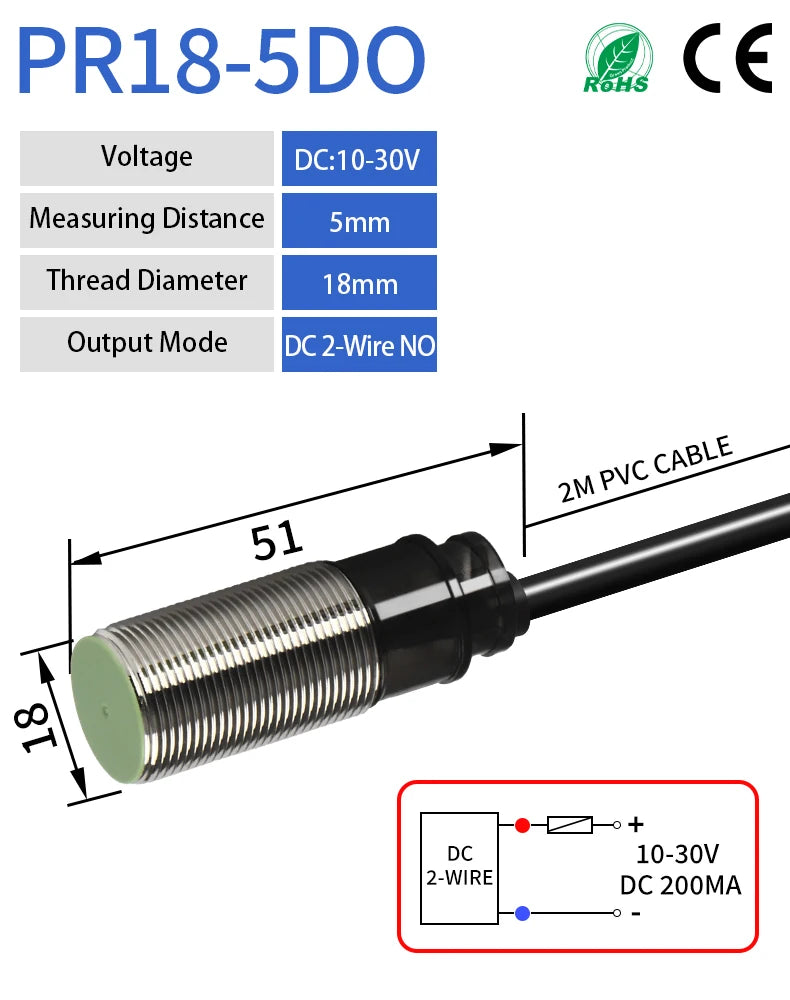PR18 M18 Inductive Proximity Sensor ,DC10-30v measuring distance 5mm sensor,thread diameter 18mm sensor,DC 2-WIRE NO sensor