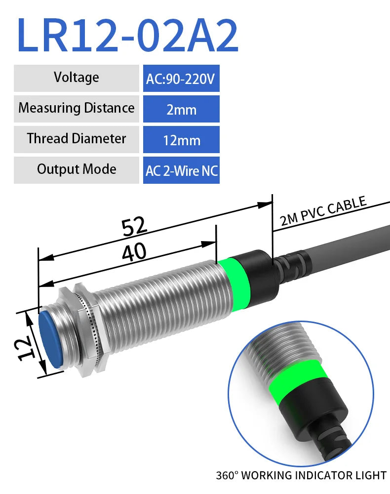 LR12 M12 Inductive Proximity Sensor ,AC90-220v measuring distance 2mm sensor,thread diameter 12mm AC 2-WIRE NC sensor