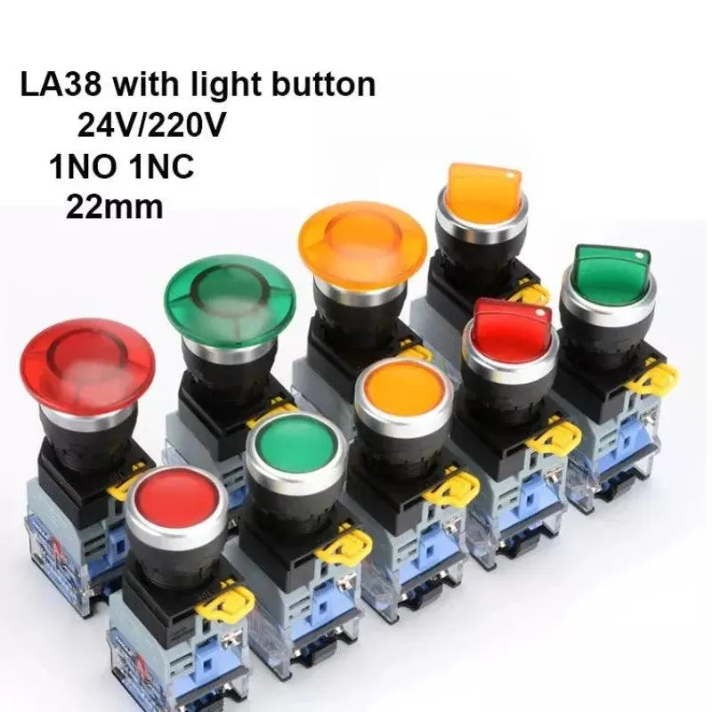 1Pcs 22mm 4 Screw with light button Flat round Panel Cutout LA38-11 LA38-11BN ON-OFF Momentary/Self locking Push button switch - electrical center b2c,la38 series button switch