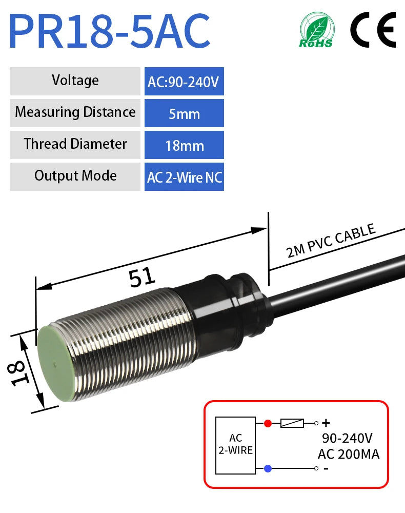 PR18 M18 Inductive Proximity Sensor ,AC90-240v measuring distance 5mm sensor,thread diameter 18mm sensor,AC 2-WIRE NC sensor