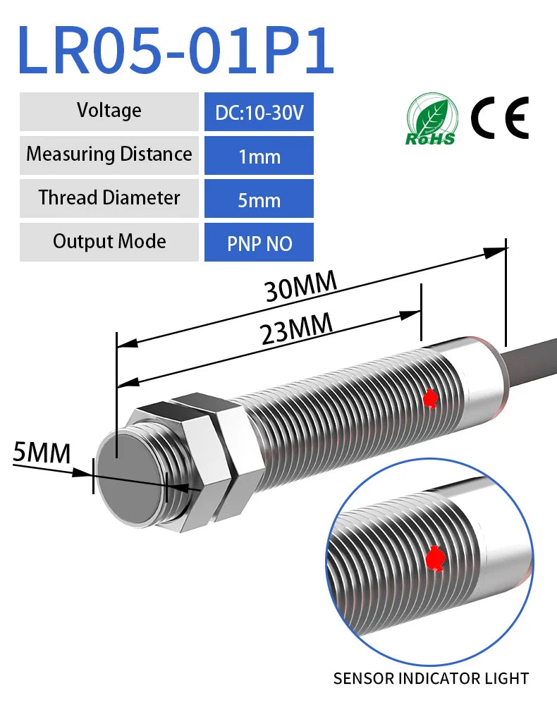 LR05 M5 Inductive Proximity Sensor ,DC10-30v measuring distance 1mm sensor,thread diameter 5mm DC 3-WIRE PNP NO sensor