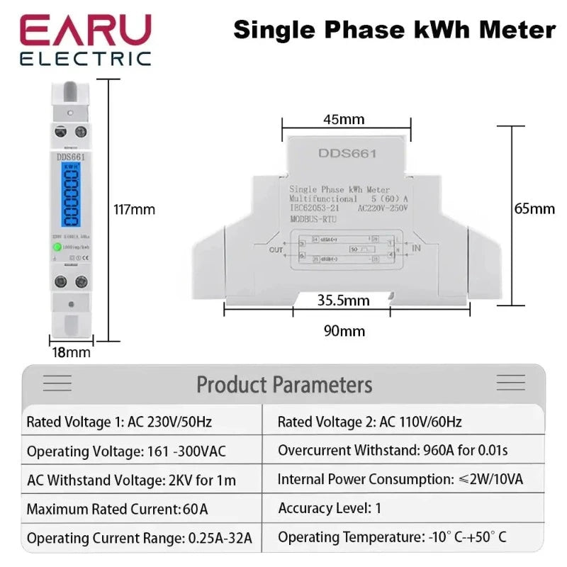 Single Phase Backlight Wattmeter Power LCD Digital Display Consumption Meter KWh 60A 110V 230VAC 50Hz Watt Din Rail Energy Meter electrical center b2c