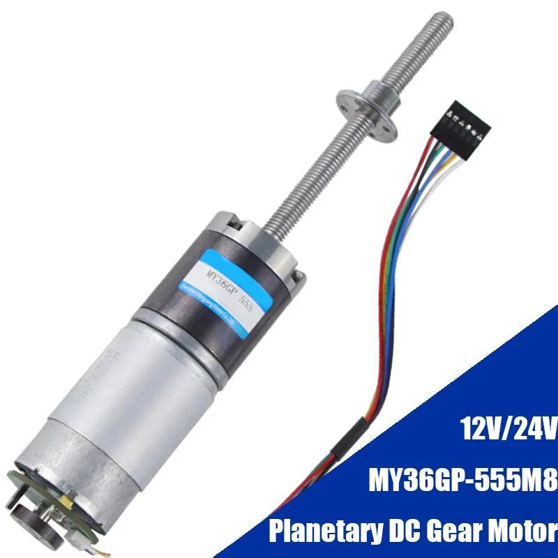 DC 12V 24V Planetary Gear Motor With Encoder M8 Screw Thread Output Shaft 50mm 100mm High Torque Moter Electric Engine 555