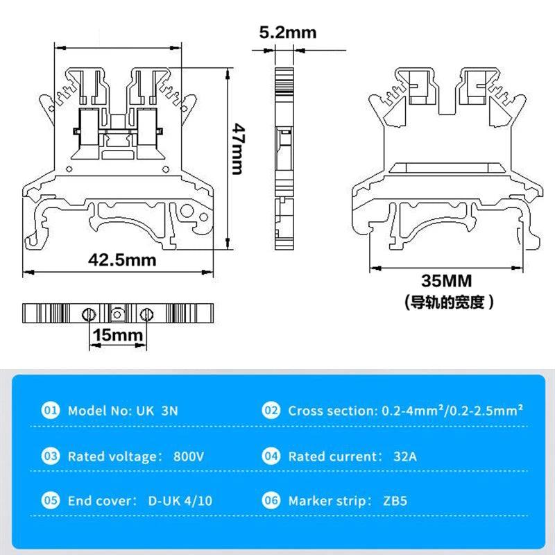 Din Rail Terminal Block Universal Conductor UK-3N Screw Connection Electrical Wiring Terminal Strip Block Connector UK3N 10Pcs