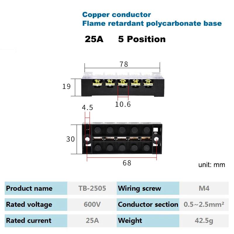 Dual Row Strip Barrier Screw Terminal Block 600V 25A Fixed Wire Connector 3/4/5/6/8/10/12 Positions