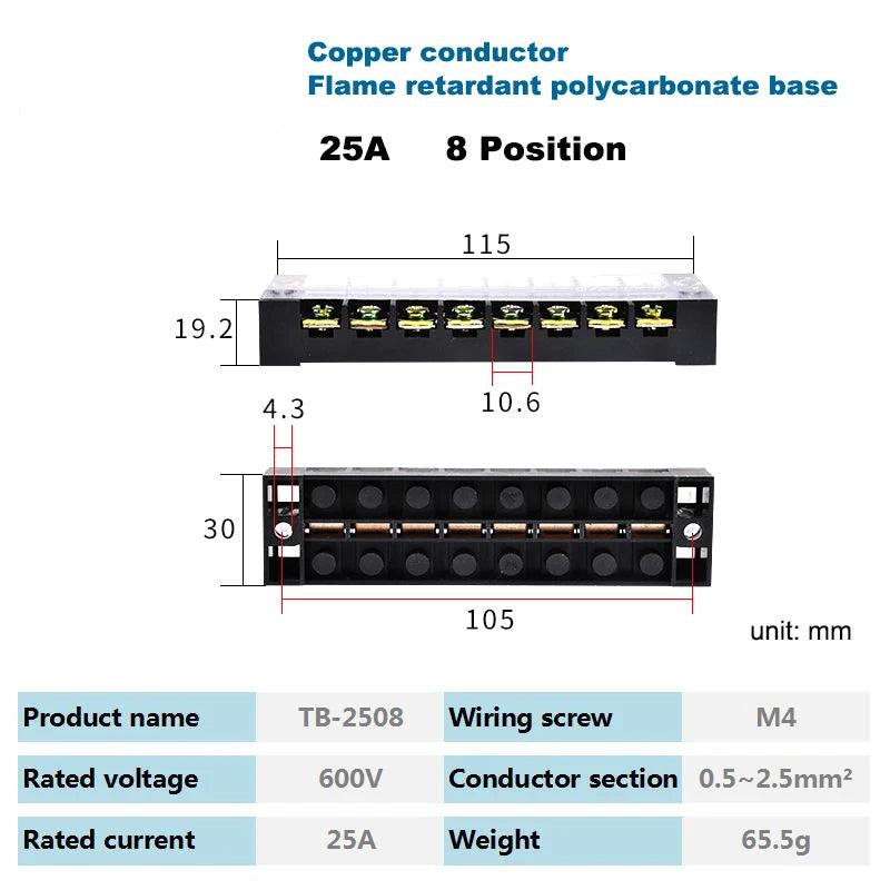 Dual Row Strip Barrier Screw Terminal Block 600V 25A Fixed Wire Connector 3/4/5/6/8/10/12 Positions