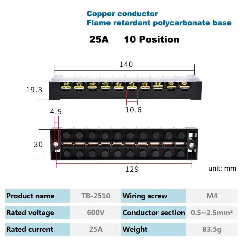 Dual Row Strip Barrier Screw Terminal Block 600V 25A Fixed Wire Connector 3/4/5/6/8/10/12 Positions