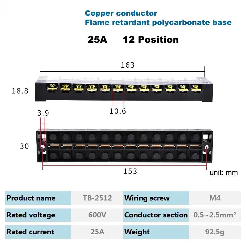 Dual Row Strip Barrier Screw Terminal Block 600V 25A Fixed Wire Connector 3/4/5/6/8/10/12 Positions