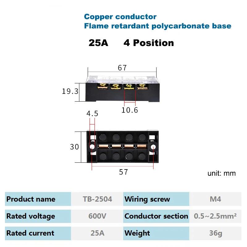 Dual Row Strip Barrier Screw Terminal Block 600V 25A Fixed Wire Connector 3/4/5/6/8/10/12 Positions
