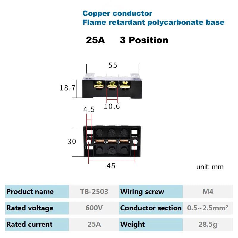 Dual Row Strip Barrier Screw Terminal Block 600V 25A Fixed Wire Connector 3/4/5/6/8/10/12 Positions